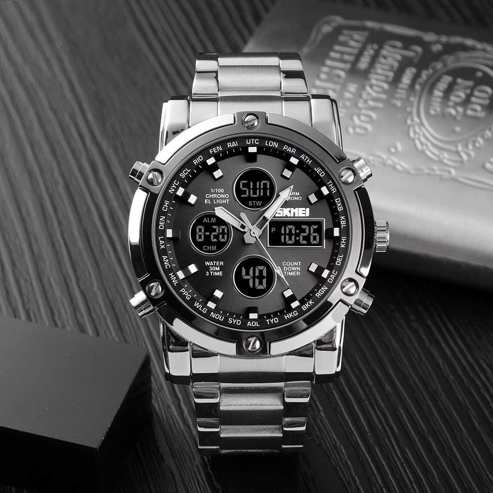 Skemie 1389 Men’s Digital Analog Watch Waterproof Digital Chronograph LED Multi-Time Business