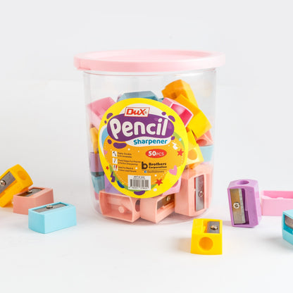 Pack of 50 DUX Plastic Pencil Sharpeners with 8mm Blade, Durable Multicolor