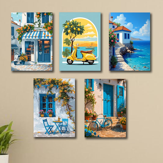 set of 5 italian vintage homes art themed wall art wooden sticky