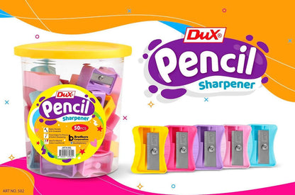 Pack of 50 DUX Plastic Pencil Sharpeners with 8mm Blade, Durable Multicolor