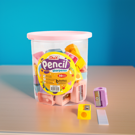 Pack of 50 DUX Plastic Pencil Sharpeners with 8mm Blade, Durable Multicolor