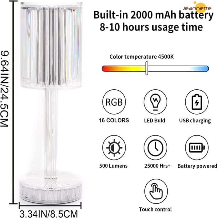 Crystal Diamond Table Lamp Touch Control RGB Color Light Bedroom Romantic