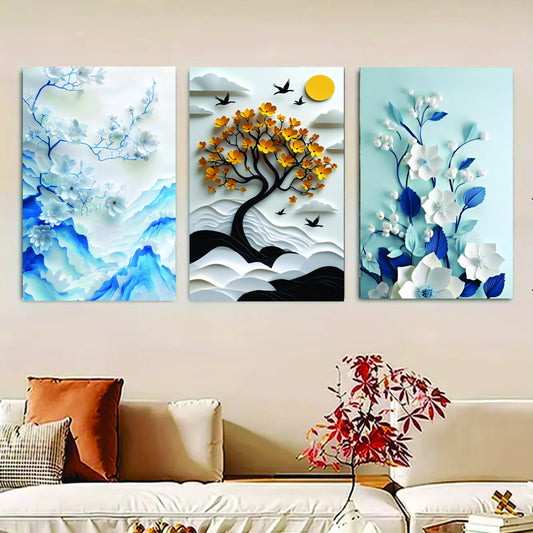 Set Of 3 Flower Tree Art Wooden Frames For Wall Decoration /