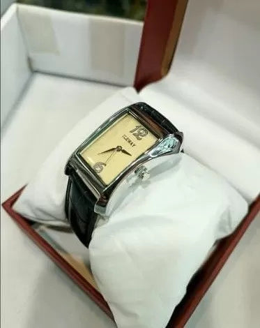 ILEWAY Luxury Rectangle Dial Waterproof Watch Gold-Tone Case, Black Leather Strap,